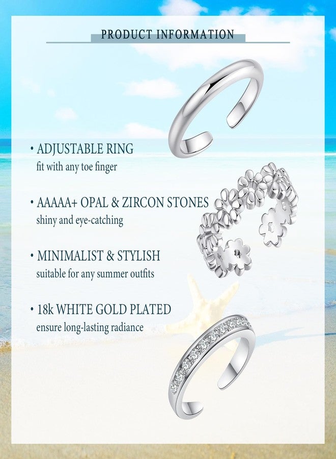 Sfoni 3Pcs Toe Rings for Women, Adjustable Open Toe Ring 18K Silver Cubic Zirconia Daisy Flower Simple Thin Band Hug Rings Stackable Hawaiian Summer Beach Foot Jewelry Set - Image 2